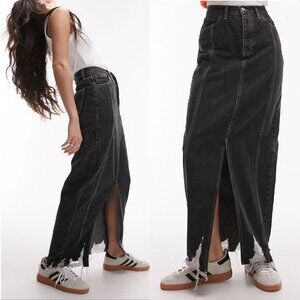 TOPSHOP Denim Maxi Long SKIRT Size 4 Destroyed Hem Front Slit Black NEW